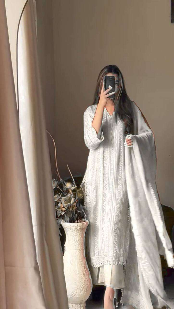 Women's Chinon Silk with Cotton Thread Embroidery Straight Kurti With Pant and Dupatta set - Image 20