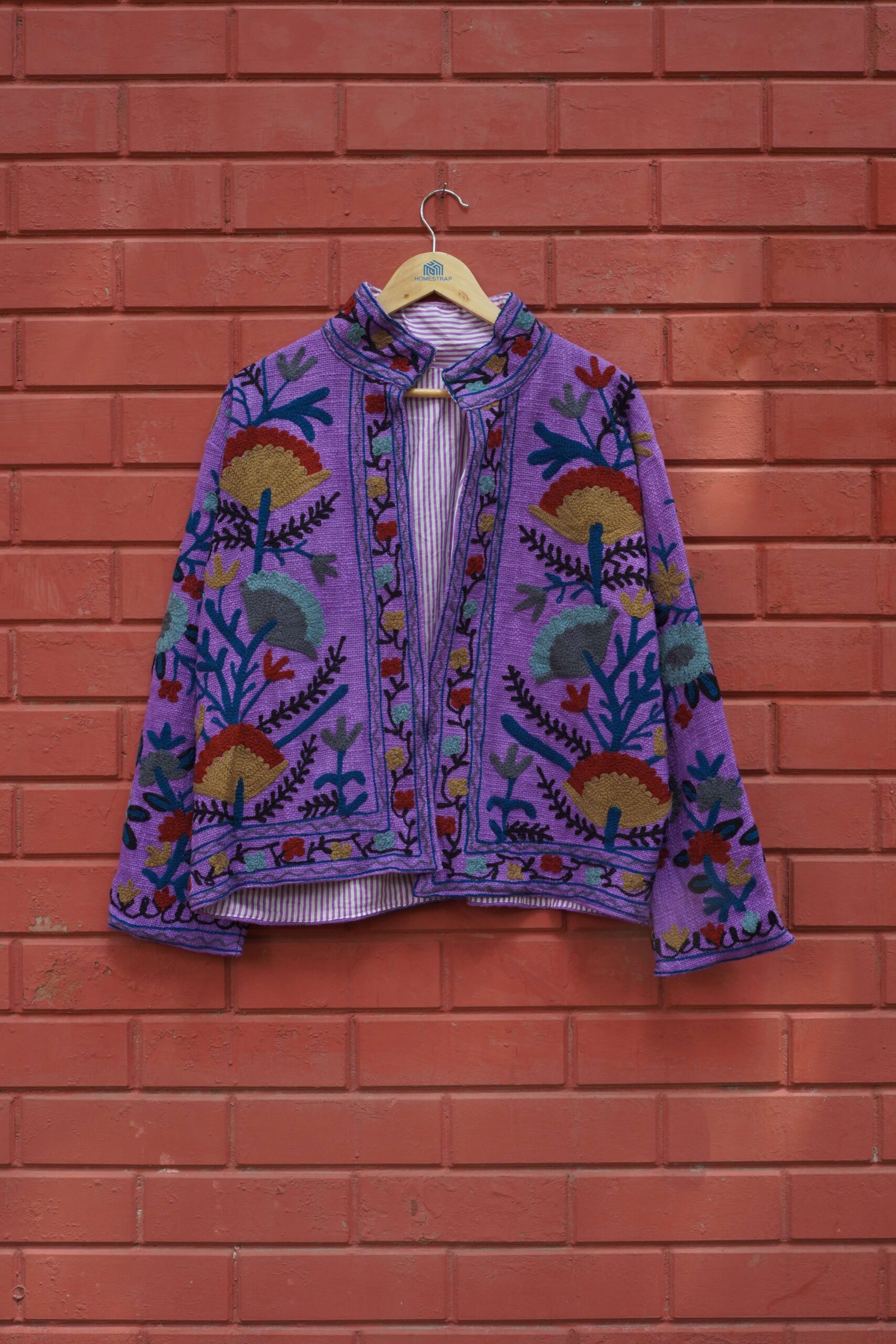 Womens Dark Purple Velvet Embroidered Jacket with Floral Design - Image 5
